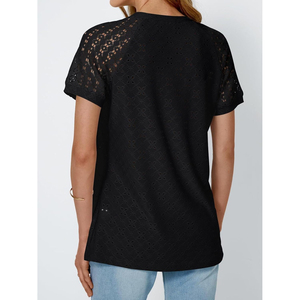 Women's Gray Crew Neck T-Shirt Lace <b>Raglan</b> Sleeves Solid Color Casual Summer <b>Top</b> Breathable Knitted Fabric Polyester 180g - Product Image 2