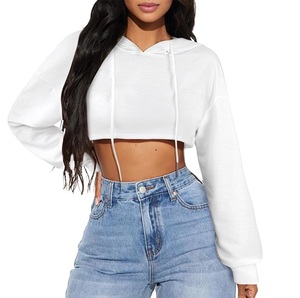 Sudadera Corta con Capucha para Mujer, Color Blanco Sólido, Manga Larga, Tejido de Algodón, Estilo Casual para Otoño - Product Image 1