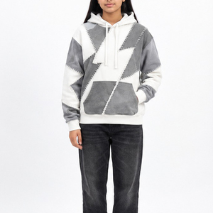 Sudadera con Capucha Extra Grande Unisex, Diseño de Parches Geométricos, Blanca y Gris, Ropa Casual de Otoño - Product Image 1