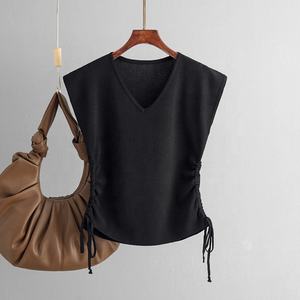 Col en V dames été haut tricoté décontracté à manches courtes avec cordon décoration mode femmes <span class=keywords><strong>sans</strong></span> manches gilet en tricot - Product Image 4