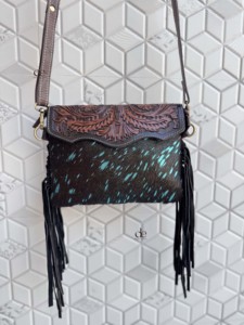 Women's Hand <b>Tooled</b> <b>Leather</b> Cross Body Bag With Tassel Fringe Bohemian Flap Closure Metallic Design Stylish Daily Use Handbag - Product Image 1