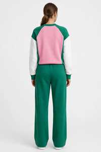 Women's Green <b>Pink</b> Color Block Crewneck <b>Sweatshirt</b> And Drawstring Joggers Tracksuit Set - Product Image 4