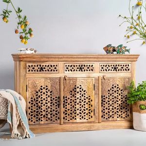 Hand Carved Solid Mango Wood Traditional Farmhouse Sideboard Cabinet Antique Brown <b>6</b> <b>Drawer</b> Storage Console for Living Room - Product Image 2