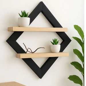 Étagère murale flottante moderne en métal noir en forme de diamant avec 2 niveaux de plateaux en bois naturel, présentoir mural géométrique - Product Image 1
