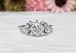2.65 Ct Princess Cut Moissanite Cluster Vintage Style Engagement Ring, <b>Diamond</b> Wedding <b>Jewelry</b>, Solid 14k White Gold Ring - Product Image 4