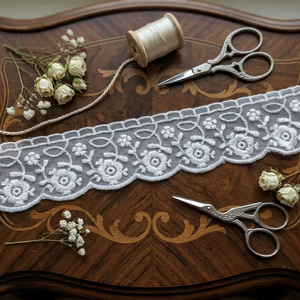 Hot Sale Premium White Organza Glass Nylon <b>Lace</b> Trim - Floral Rosette Scalloped Embroidered Border for Bridal Wear, Evening Gown - Product Image 1