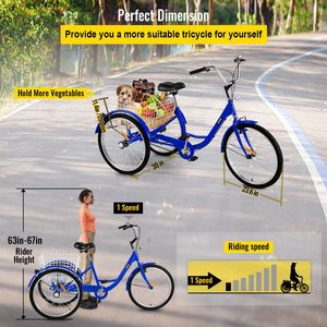จักรยานสามล้อสำหรับผู้ใหญ่สีน้ำเงิน24 "ความเร็ว1สปีดพร้อมตะกร้าขนาดใหญ่จักรยานช้อปปิ้งออกกำลังกาย3ล้อ - Product Image 3