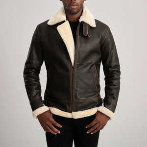 Veste en cuir véritable pour homme, style motard, avec doublure en fausse fourrure, coupe-vent, manteau d'hiver, fermeture éclair - Product Image 2