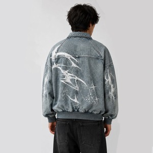 <b>Custom</b> Blue <b>Denim</b> Acid Wash <b>Jacket</b> With Abstract White Print And Chest Flap Pockets Ribbed Cuffs And Zip Closure For Unisex Wear - Product Image 6
