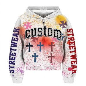 Sweat à capuche zippé streetwear personnalisé, imprimé intégral motif croisé, unisexe, avec broderie de patchs, éclaboussures, strass et pierres précieuses, coupe courte - Product Image 1