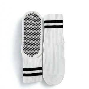 Custom Logo White Crew <b>Socks</b> With <b>Black</b> Stripes And Non-Slip Grip For Yoga Adults - Product Image 2