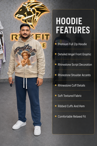 Sweat à capuche surdimensionné beige Rexfit avec fermeture éclair intégrale, motif ange et strass, style streetwear, en molleton épais, pour homme - Product Image 4