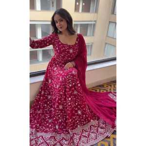 Vestido Anarkali de Diseño Artesanal con Estampado Floral, Talla XS, Corte en A, Pantalón y Dupatta, Cintura Imperio, para Fiestas - Product Image 1