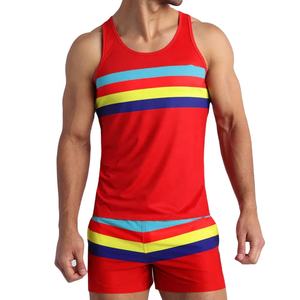 Camiseta sin mangas roja Colorblock para hombre al por mayor con diseño de rayas multicolores, tela elástica ligera, opción de logotipo personalizado - Product Image 2