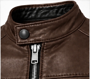 Chaqueta de Cuero PU Marrón para Hombre, Estilo Motero, Cuello Alto, Cierre de Cremallera, Patrón Repujado, Estilo Moto, para Otoño - Product Image 6