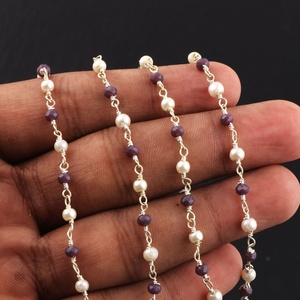 Chaîne de perles rondes en pierre précieuse hydro-perle violette, plaquée argent 925, pour la fabrication de bijoux, avec corail rouge et perle naturelle, en sac OPP, vente en gros - Product Image 1