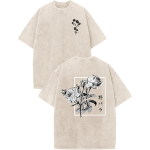 T-shirt noir surdimensionné pour homme avec imprimé rose blanc sur le devant et le dos, design floral, style streetwear, manches courtes, col rond - Product Image 1