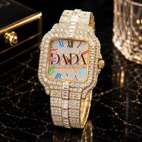 Montre-bracelet de luxe pour homme en acier inoxydable, style designer, entièrement pavée de diamants, à quartz, chiffres romains arc-en-ciel, style hip-hop