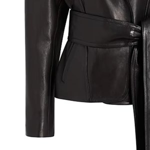 <b>Women's</b> Genuine Leather Wrap <b>Jacket</b> With Belt And Spread Collar <b>Short</b> Length Full <b>Sleeve</b> Autumn Style - Product Image 5
