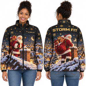 Chaqueta acolchada de satén azul claro con diseño de Papá Noel para mujer, abrigo de invierno con estampado por sublimación y cremallera frontal. - Product Image 4