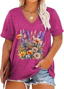 เสื้อยืดผู้หญิงคอวี พิมพ์ลายดอกไม้ ผ้าฝ้าย 100% คุณภาพสูง สำหรับฤดูร้อนปี 2026 รับผลิตตามแบบ (OEM)  พร้อมสกรีนโลโก้  ไซส์ใหญ่ - Product Image 3