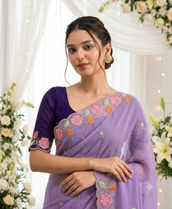 AARA Fashion Saree élégant en rayonne violette avec broderie florale, protection solaire, pour occasions de mariage, longueur ras du sol, Inde - Product Image 6