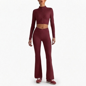 Women Sportswear Set Long Sleeve Stand Collar Crop <b>Top</b> High Waist Flared Pants Gym Yoga Training Active Clothing - Product Image 6