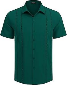 Chemise en lin pour homme pour l'été, style cubain Shagua Abella, design colorblock, brodée, à manches courtes, décontractée, col à revers, anti-rétrécissement - Product Image 3