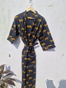 Pure Cotton Indian Block printed House Robe Summer <b>Kimono</b> <b>Beach</b> Coverup/Comfy Maternity | Fresh Yellow Mustard Pink Stripe Leopa - Product Image 2