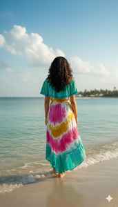 Vestido de Playa Rosa y Turquesa con Estampado Tie Dye, Hombros Descubiertos, Volantes, Estilo Boho, para Vacaciones de Verano - Product Image 4