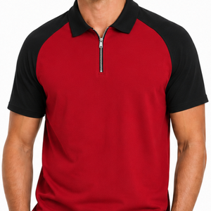 Polo de manga corta para hombre, de alta demanda, con cremallera de un cuarto, estilo raglán, en rojo y negro, transpirable, para golf. - Product Image 2