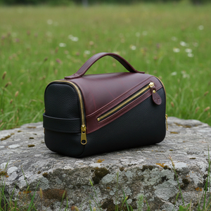 Leather Toiletry <b>Bag</b> Rectangle Classic Portable Black Brown Brass <b>Zipper</b> Bathroom <b>Storage</b> <b>Bag</b> - Product Image 6