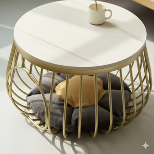 Table basse ronde de luxe avec lit pour animaux intégré |   Base en métal doré et plateau en marbre – Table de salon multifonctionnelle - Product Image 1
