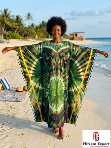 Vestido Kaftán Tie Dye para Mujer, Cuello Redondo, Holgado, Largo hasta el Suelo, Manga Corta, Estilo Bohemio, para Playa, Verano, con Borlas, Chifón, 100% Poliéster, OEM, ODM - Product Image 5