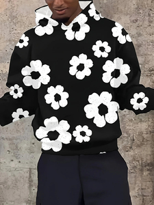 Sudadera con Capucha para Hombre, Estampado Floral Negro, Estilo Casual, Manga Larga, Corte Regular - Product Image 1