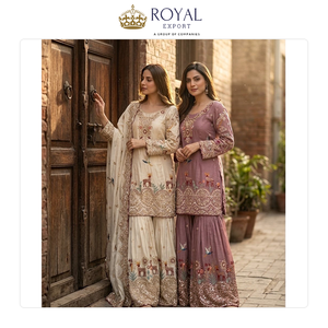 <b>Top</b> Notch Quality Beautiful Designer Indian Clothing Collection of Chinnon Silk Sharara Suit with Embroidery Work at Low Price - Product Image 2