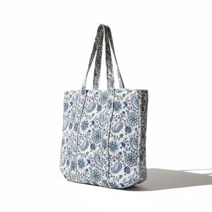 Quilted Cotton <b>Tote</b> <b>Bag</b> for Women-Hand Block Print Floral Paisley in White <b>Grey</b> Blue - Product Image 1
