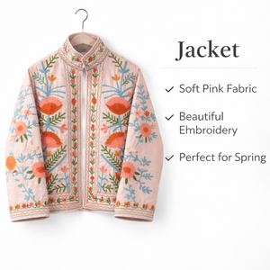 Cream Embroidered Bomber Jacket Orange Blue Floral Needle <b>Work</b> Coat <b>Stand</b> Collar Long Sleeves Women Casual Wear Masterpiece - Product Image 3