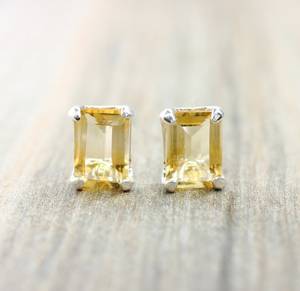 <b>Emerald</b> Cut Citrine <b>Stud</b> Earrings Sterling Silver November Birthstone Minimalist Women Jewelry Wholesale Supplier - Product Image 1