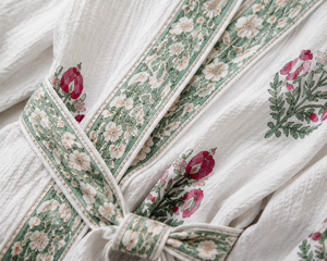 Peignoir midi élégant 100% Coton, imprimé floral au bloc, respirant, brodé, tricoté, décontracté, pour le printemps et l'été, vêtement d'intérieur, taille naturelle - Product Image 6
