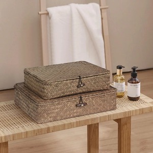 Ensemble de 2 paniers de rangement plats en jonc de mer avec couvercle, paniers de rangement faits à la main, vente en gros, écologiques, fabriqués au Vietnam - Product Image 5