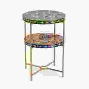 Handcrafted Round Bone Inlay Side Table with Metal Frame – Multicolor Two-Tier Accent Table <b>for</b> Living Room & Ottomans - Product Image 1