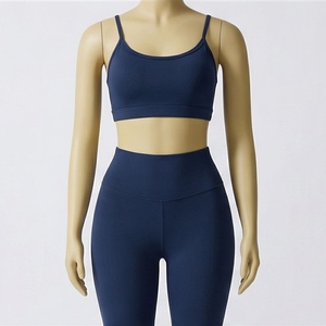 <b>Women</b> Navy <b>Blue</b> Seamless Yoga Set 2 Piece Spaghetti Strap Scoop Neck Crop Top High Waist <b>Leggings</b> - Product Image 1
