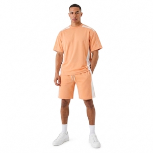 Men's <b>Orange</b> Color Blocking Crew Neck Knitted <b>T</b>-<b>Shirt</b> Set Casual Summer Wear Breathable Cotton - Product Image 1