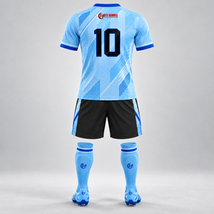 FLYHumble Kit de maillot de football bleu clair et noir à imprimé géométrique, manches courtes, coupe athlétique pour homme, évacuation de l'humidité, toutes saisons - Product Image 5
