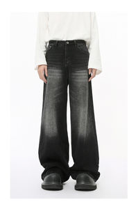 Nouveau jean rétro ample personnalisé pour homme, prêt-à-porter, en denim noir, coupe large, taille haute, délavé, avec logo frontal - Product Image 5