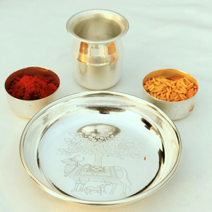 Venta al por mayor vaca becerro Kalpavriksh grabado Thali Set Pooja artículos boda bienvenida Thali inauguración regalo indio regalo Favor - Product Image 2