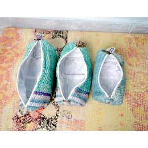 100% Pure Cotton Kantha Fabric Tassel Pattern Zipper Closure Eco-Friendly Durable Large Makeup Bag Pouch Set Soft Handle - Product Image 4