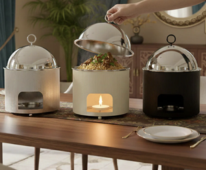 Chauffe-plat moderne et écologique de qualité durable, en acier inoxydable poli argenté avec couvercle métallique, idéal pour les buffets de mariage - Product Image 6