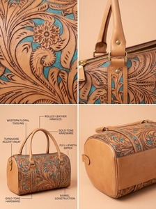 Bolsa de Viaje de Lujo de Cuero Genuino Hecha a Mano con Grabado Floral, Bolsa de Fin de Semana con Cremallera, Ecológica, de Poliéster, 7 Pulgadas, para Mujer - Product Image 3